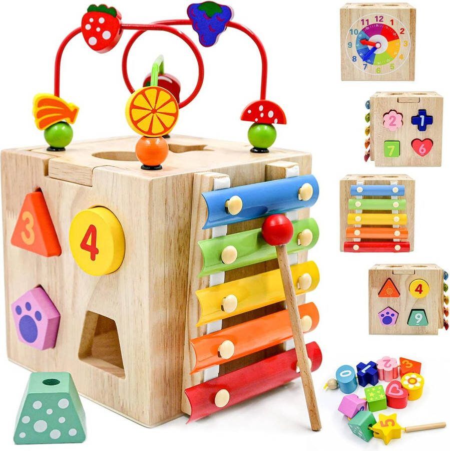 Motoriek Dobbelsteen 5-in-1 Spelcentrum Activiteit Kubus Inclusief Motoriek Klok Motoriek Xyofoon Houten Speelgoed Vroegtijdig Onderwijs Speelgoed voor Kinderen en Baby's Cadeau-ideeën
