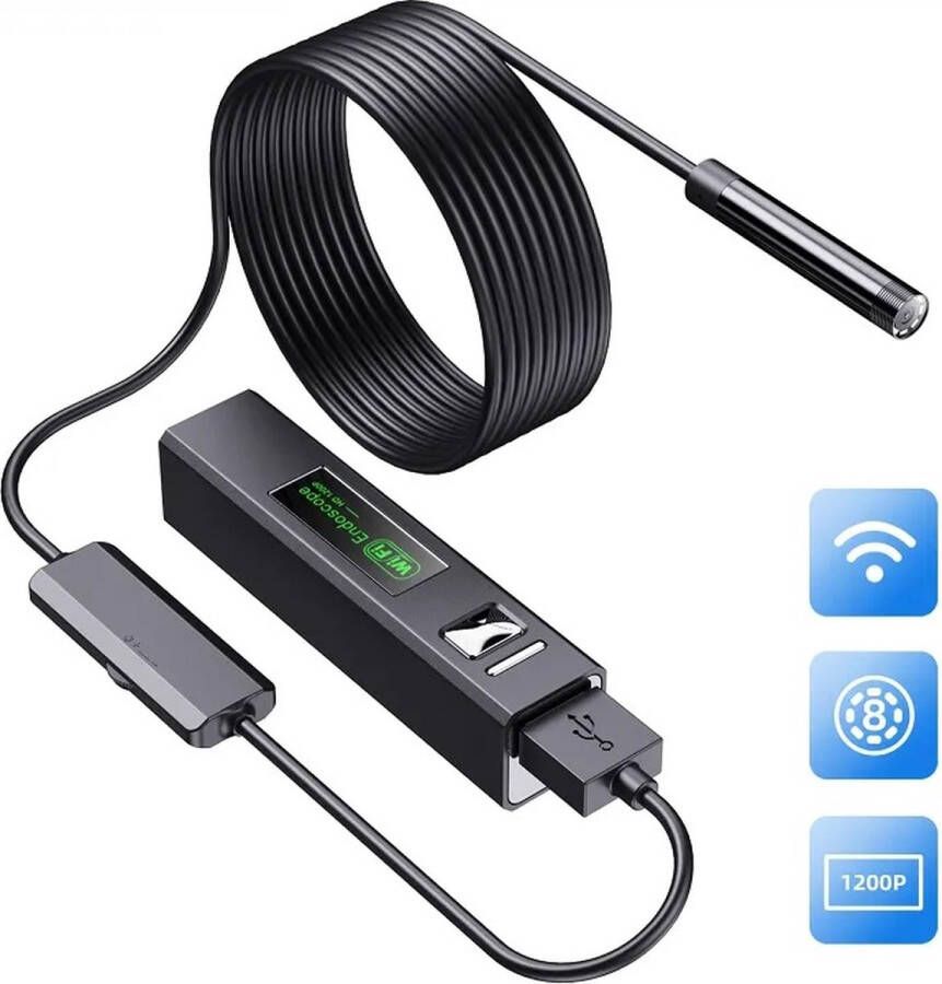 MoTronics oplaadbare draadloze Wifi endoscoop of inspectie camera F150 8mm 8 Leds 1200P 2.0MP IP67 waterdicht met 2 meter stijve flexibele kabel voor Iphone en Android telefoon