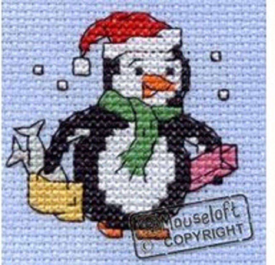 Mouseloft borduurpakketje Christmas Shoppjng Penguin