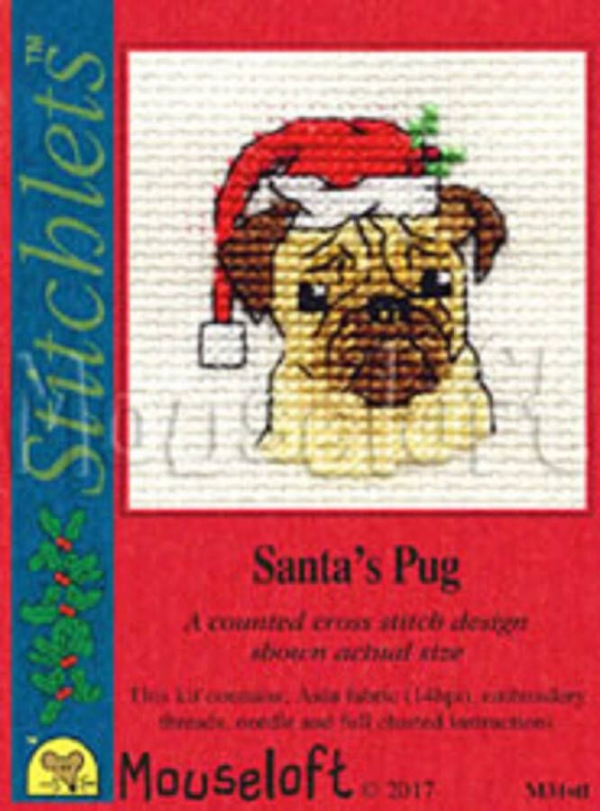 Mouseloft borduurpakketje Santa's Pug 6 x 6 cm