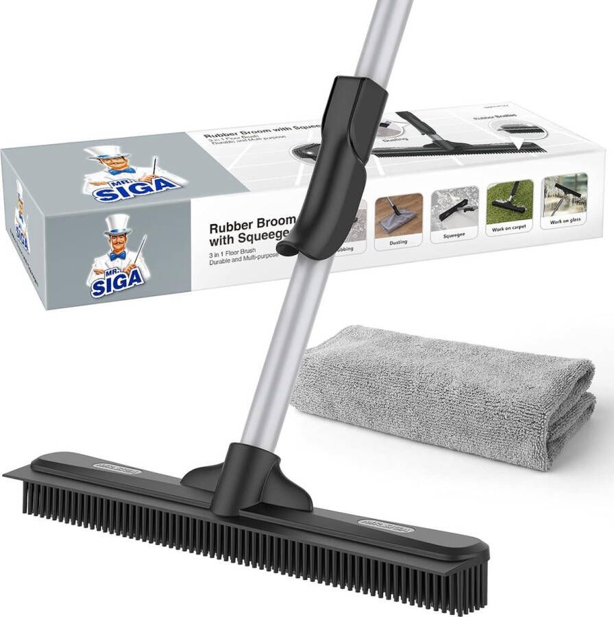 MR.SIGA 3-in-1 rubberen bezem met handvat en zuigmond Bezem voor het verwijderen van huisdieren Katten Honden Haar Vloerborstel voor tapijt Hardhouten tegels Glazenwassen Inclusief een microvezeldoek