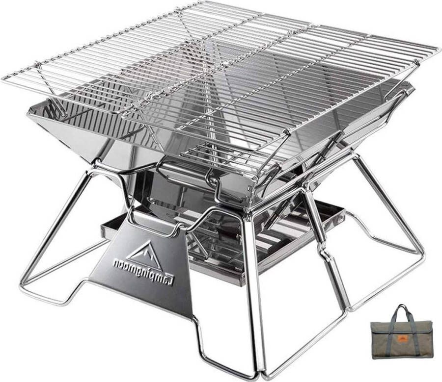 MT-2 Draagbare Grill Inklapbaar Roestvrij Staal Grillrooster voor Camping Campingmoon Draagtas voor Picknick Barbecue Koken Outdoor Houtkachel