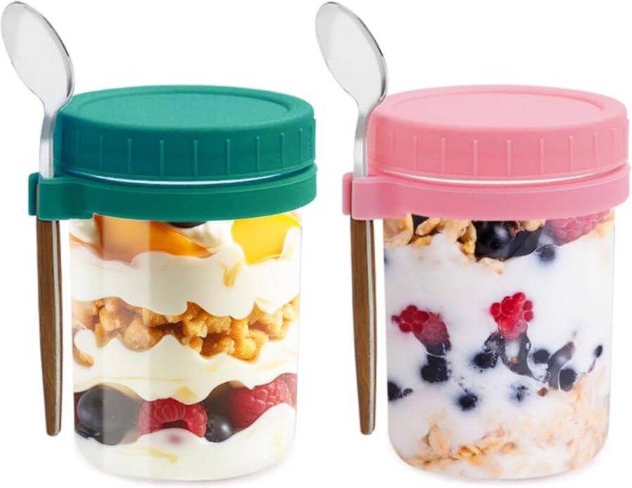 Muesli beker 2 stuks 350 ml ontbijtbeker yoghurtbekers plastic deksels lepel lekvrije ontbijtcontainer yoghurtpot havermoutpap fruitsalade roze-groen
