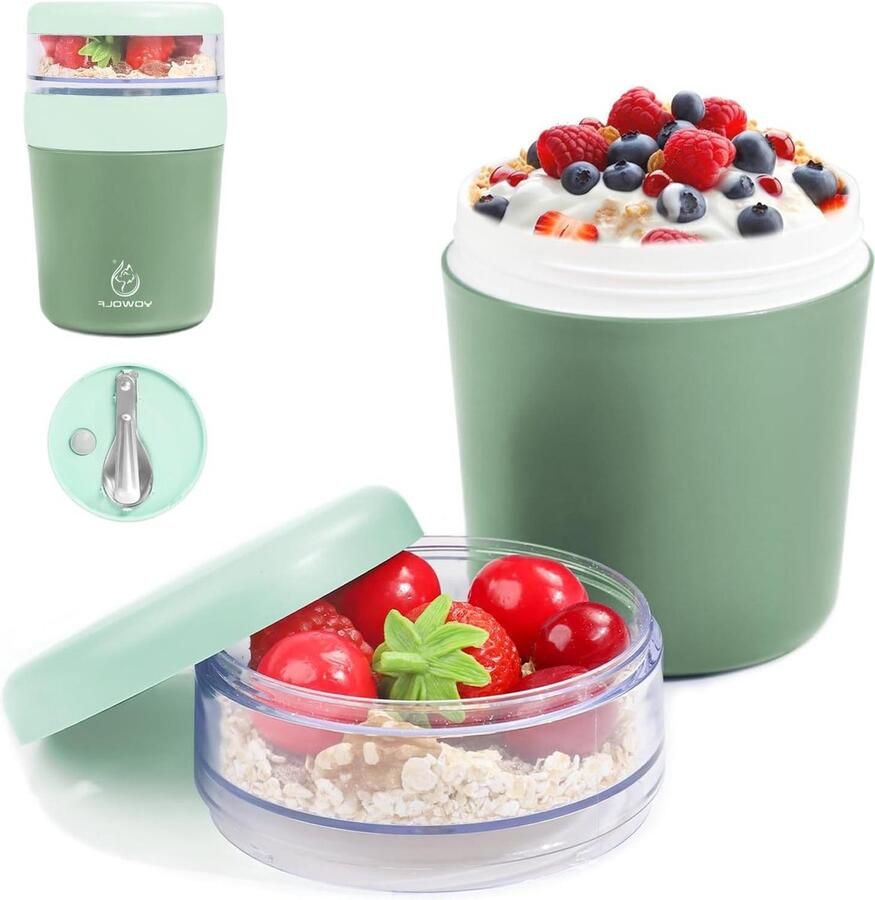 Muesli beker 650 ml to go voor picknick lekvrije yoghurtbeker met lepel groen