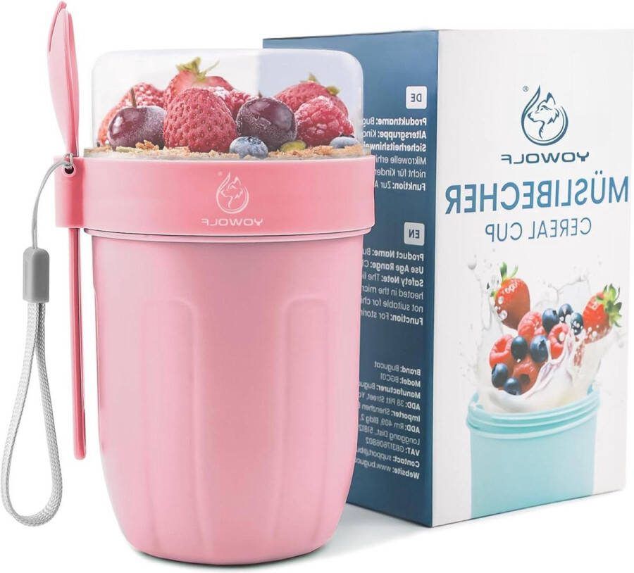 Muesli beker 660 ml + 260 ml 2-in-1 yoghurtbeker om mee te nemen lekvrije lunchpot met lepel muesli-kom yoghurt to go voor picknick roze
