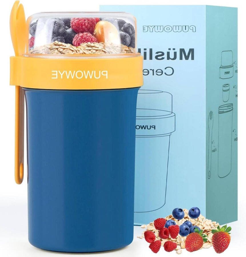 Muesli beker 760 ml + 230 ml lekvrij yoghurtbeker met yoghurtlepel blauw handig voor onderweg