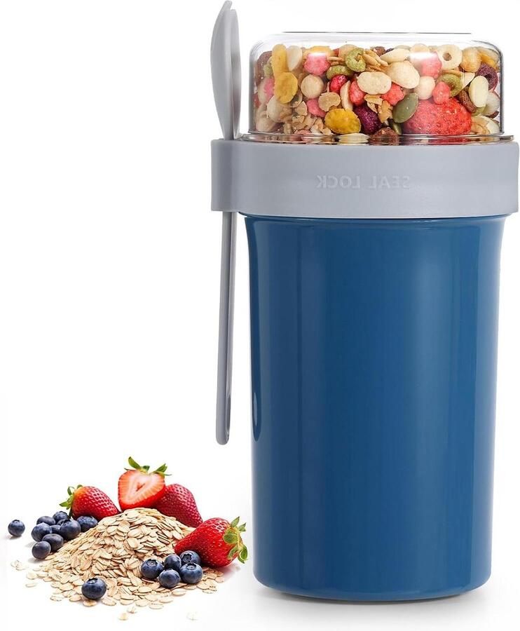 Muesli beker 760 ml lekvrije yoghurtbeker mueslibeker met lepel slabeker cornflakes muesli doos muesli box voor onderweg werk school reizen blauw