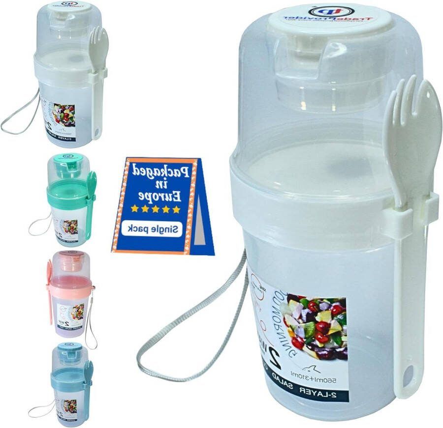 Muesli beker Herbruikbare yoghurtbekers deksel vork lanyard 538 ml helder 3-in-1 ontbijtpot salade sap melkbeker 100% BPA-vrij ontbijtkom (WhitePot)