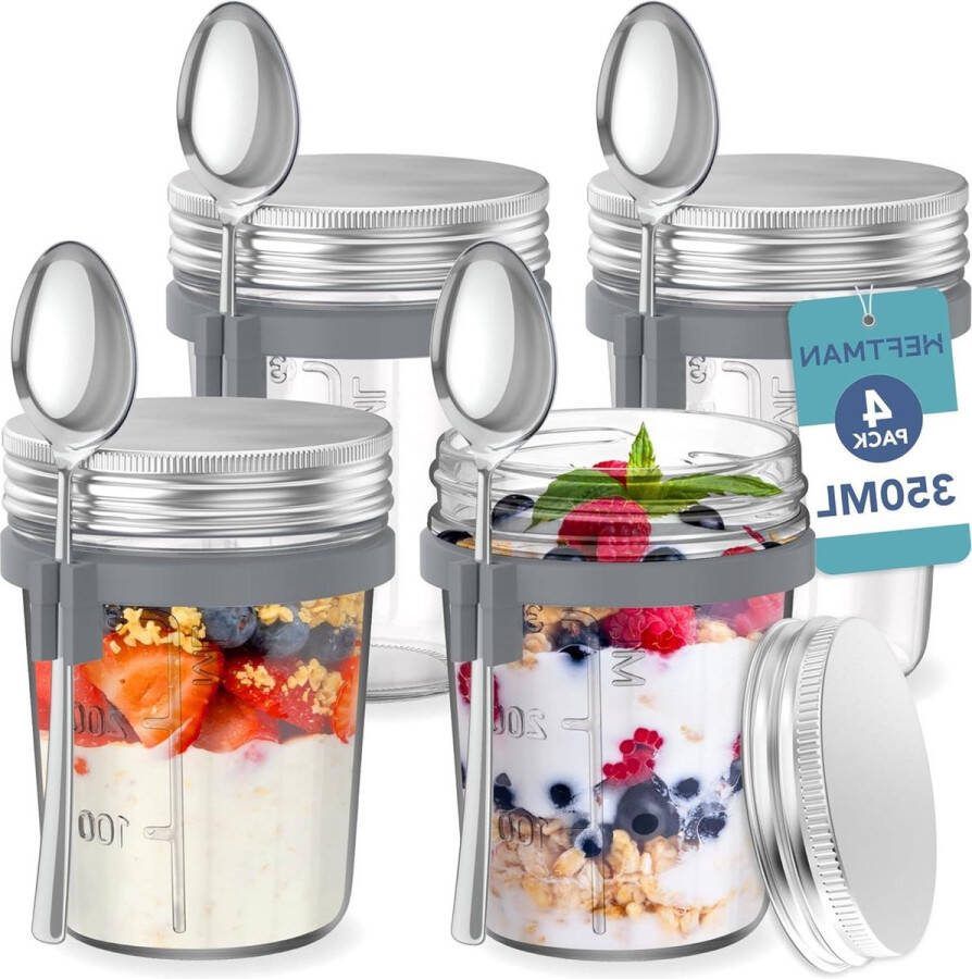 Muesli beker Mason Potten voor Overnight Oats 4 Pack 350ml met lepels & luchtdichte roestvrijstalen deksels voedselveilige glazen ontbijtpotten voor yoghurt Chia Pudding 12 oz