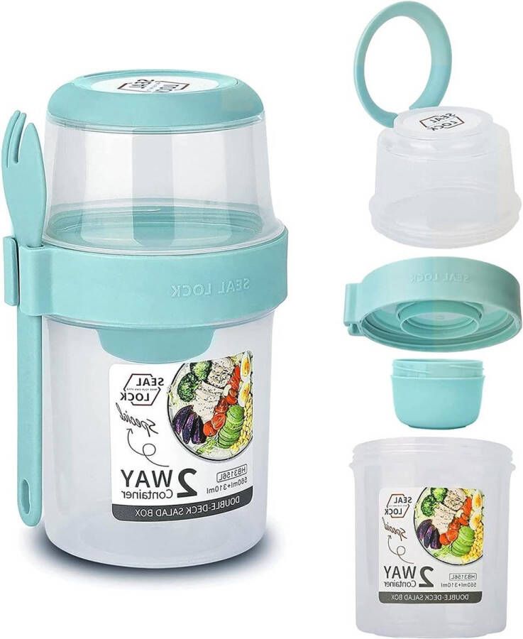 Muesli beker Mueslibeker to-go lekvrije BPA-vrije lunchbox 310 ml + 560 ml lichtgroen met lepel en sausdoos