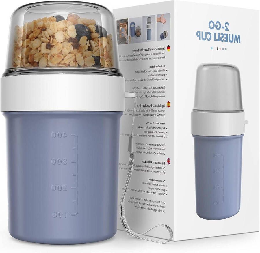 Muesli beker Praktische yoghurtbeker voor kinderen Geschikt voor vrieskast magnetron en vaatwasser Denim blauw 2-in-1 560 ml + 310 ml