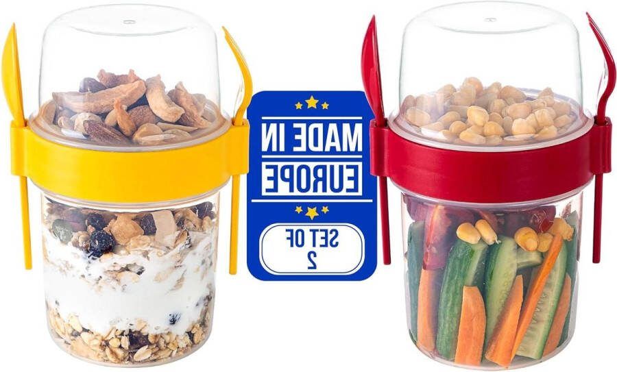 Muesli beker set van 4 To Go yoghurtbekers lepel vork muesli to-go-beker 600 ml onderweg kantoor school (4-delig kleurrijk)