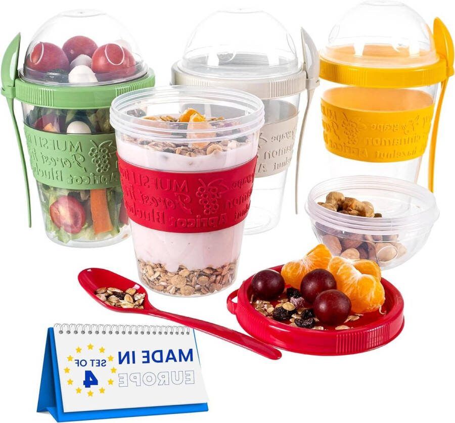 Muesli beker To Go 600 ml met lepel yoghurt muesli eten onderweg kantoor school (set van 4)