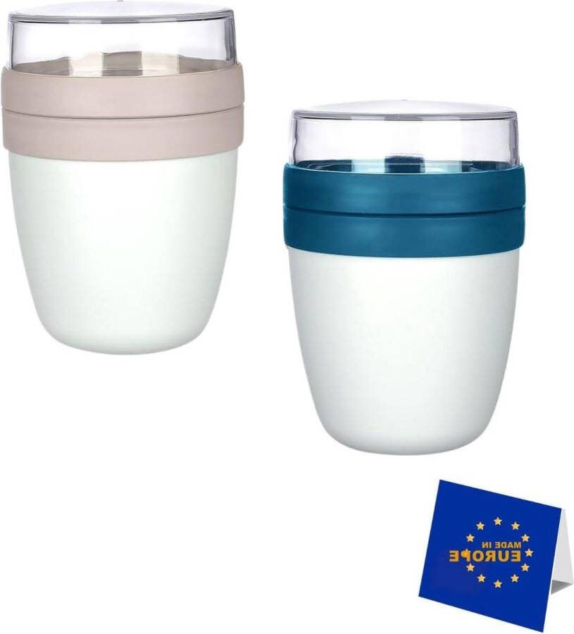 Muesli beker to go praktische yoghurtbeker onderverdeling voor yoghurt en muesli geschikt voor vriezer magnetron en vaatwasser 500 ml + 150 ml (verpakking van 2 stuks marineblauw-beige)