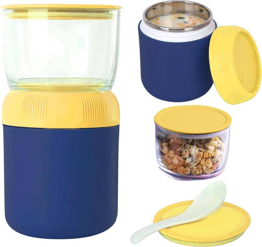 Mueslibeker to-go 430 ml + 330 ml yoghurtbeker to go lekvrij 2-in-1 lunchbox met lepel voor verse maaltijden kinderen snackpot voor onderweg (donkerblauw)