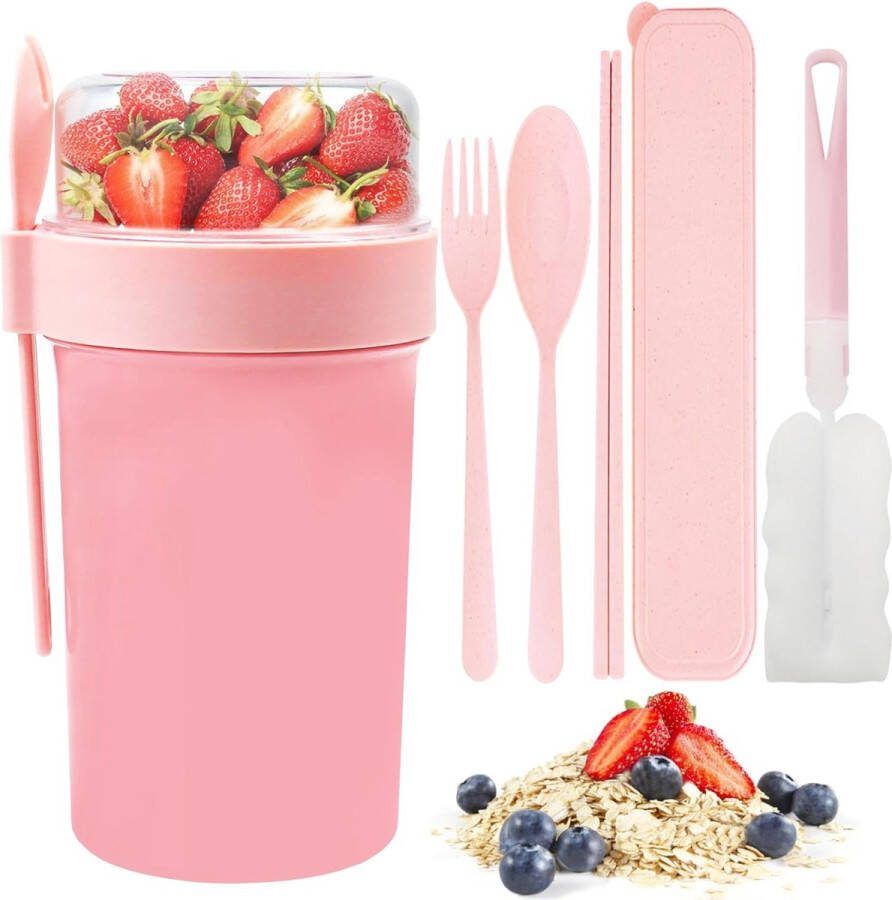 Mueslibeker to go 760 ml + 230 ml 5 stuks yoghurtbekers met lepel en vork lekvrije mueslibeker met kleine kruidenbox yoghurtbeker groot voor werk school picknick reizen (roze)