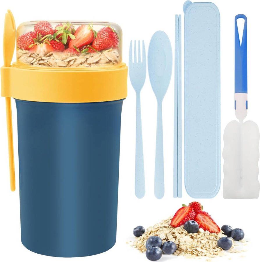 Mueslibeker to go 760 ml + 230 ml 5 stuks yoghurtbekers met lepel en vork lekvrije mueslibeker met kleine kruidenbox yoghurtbeker groot voor werk school picknick reizen (blauw)