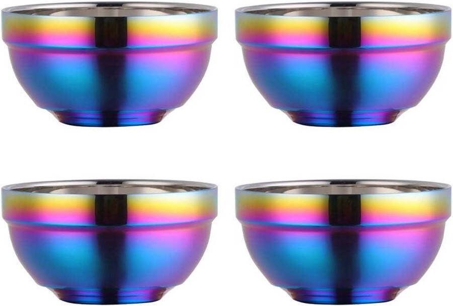 Mueslikom van roestvrij staal 500 ml regenboog soepkommen set van 4 rijstkom grote pastaschaal dessertkommen breed 13 cm (51 inch) metalen ramen kommen dubbellaags anti-heet Schalen set
