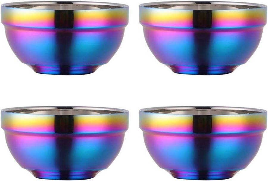 Mueslikom van roestvrij staal 500 ml regenboog soepkommen set van 4 rijstkommen grote pastaschaal dessertkommen breed 13 cm (5 1 inch) metalen raamkommen dubbele laag anti-heet