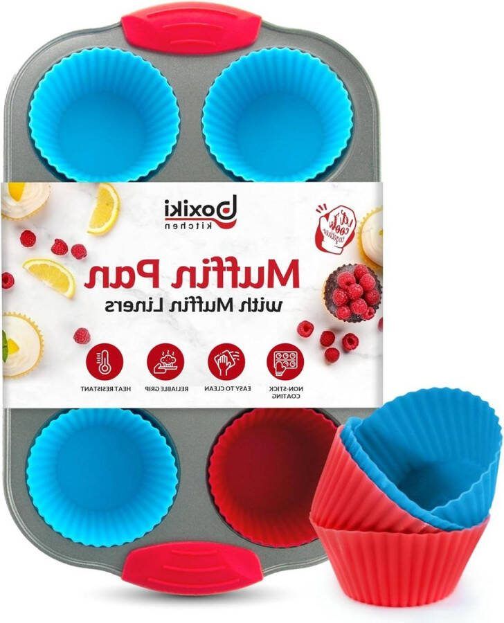 Muffinbak van staal anti-aanbaklaag 6 kopjes siliconen handgrepen herbruikbare voeringen voor muffins en cupcakes Boxiki Kitchen Muffin tin