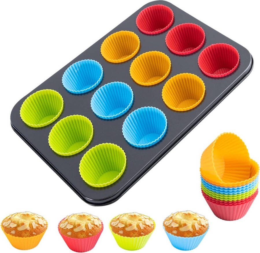Muffinformatie cupcakevormen muffinplaat muffin bakplaat met siliconen muffinvormpjes set van 12 herbruikbare anti-aanbaklaag BPA-vrij
