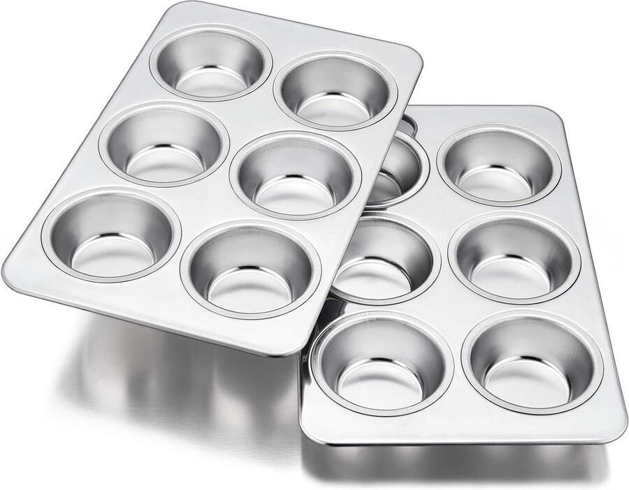 Muffinvorm roestvrij staal set van 6 muffin bakplaten 2 stuks muffinplaten 6 muffins cupcakes pudding brownies 29 × 18 cm vaatwasmachinebestendig Muffin tin