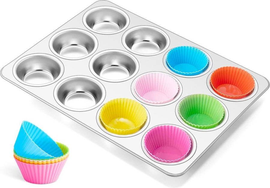 Muffinvorm van roestvrij staal met 12 siliconen bakvormen 12 muffins afmetingen 348 x 262 x 33 cm