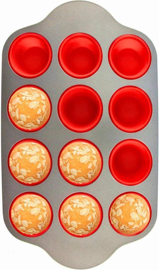 Muffinvorm voor 12 kopjes siliconen met stalen frame en handgrepen voor eenvoudige grip oven- en vaatwasmachine-veilig