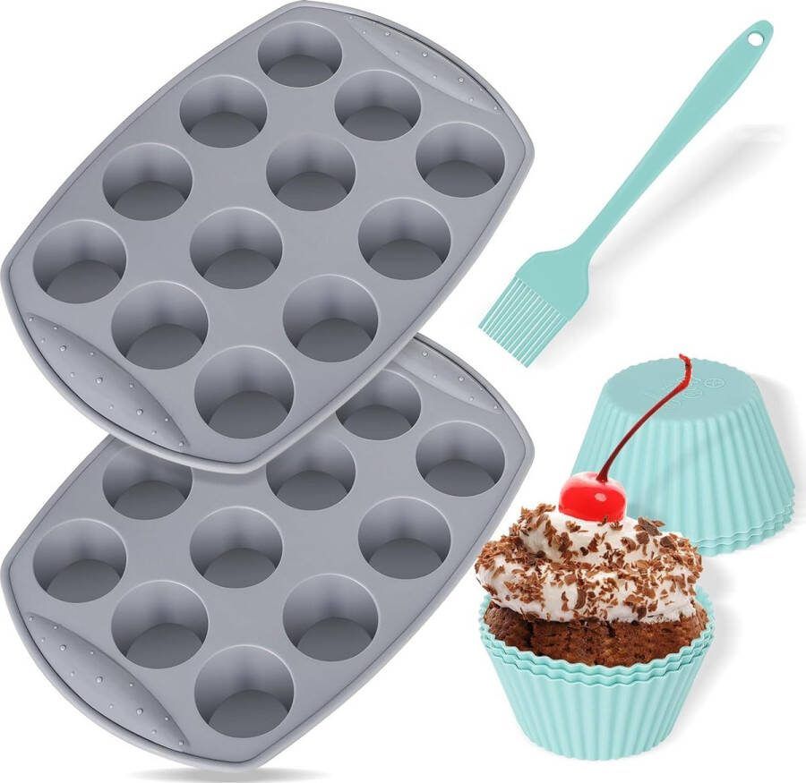 Muffinvorm voor 2 ronde bakplaten voor muffins 6 siliconen muffinvormen herbruikbare bakvorm met antiaanbaklaag cupcakevormen voor taarten room en pudding