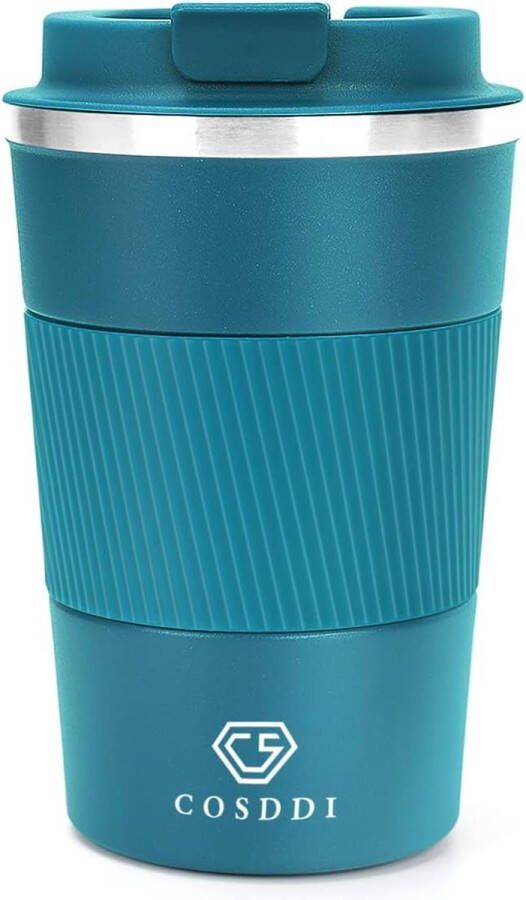 Mug auto Thermische reisbeker geïsoleerde koffiebeker met lekvrij deksel herbruikbare koffiebeker voor onderweg voor in de auto roestvrijstalen thermische beker voor warme en koude dranken koffie water en thee 380 ml (blauw-A)