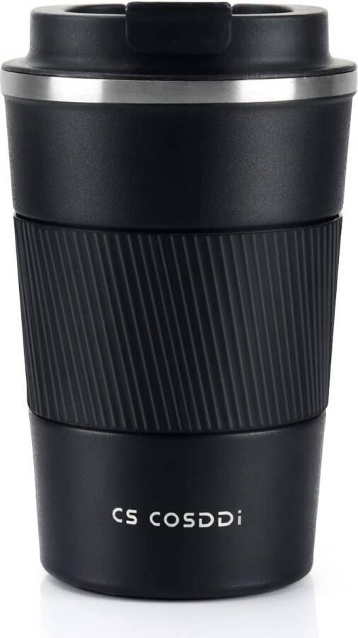 Mug auto Thermische reisbeker geïsoleerde koffiebeker met lekvrij deksel herbruikbare koffiebeker voor onderweg voor in de auto roestvrijstalen thermische beker voor warme en koude dranken koffie water en thee 380 ml (zwart-A)