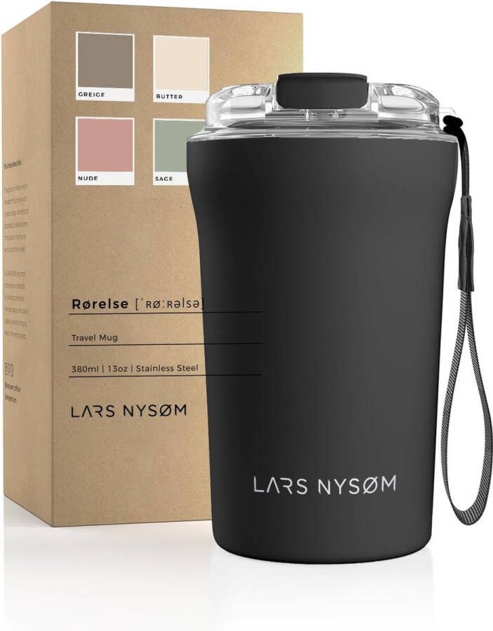 Mug auto Thermo Coffee Mug-to-go met Riem & Tritan Deksel 380ml BPA-vrije Travel Mug 0 38 Liter met Isolatie Lekvrije Roestvrijstalen Thermische Mok voor Koffie en Thee (Onyx Black 380ml)
