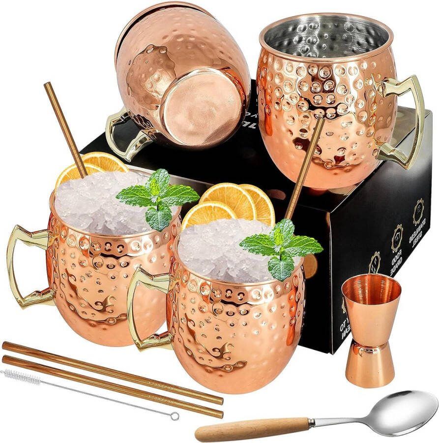 Muilezel Mokken voor Cocktails Set van 4 Koper Plated Roestvrij Staal 18 oz 540 ml met koperen rietjes Jigger Lepel Perfect voor koude dranken Gift (4 stuks) mokken set
