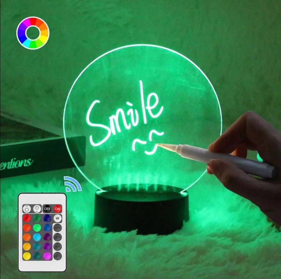 Multi Color Led Schrijfbord Nachtlampje RGB Uitwisbaar Incl. afstandsbediening & stift whiteboard