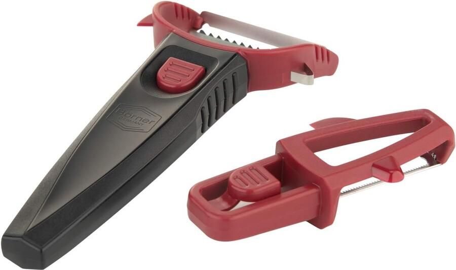 Multi Peelerset (3-delig.) • pendeldunschiller voor groenten en fruit • juliennesnijder opzetstuk + aardappelschiller + multigrip • groenteschiller (rood)