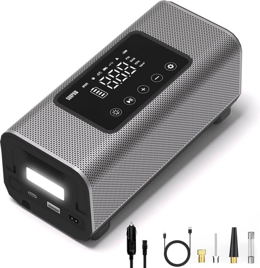 Multifunctioneel Compressor Bandenpomp + Powerbank + Noodlicht Metalen Dubbele Cilinder 2x Snellere Inflatie- 10400 mAh 12 V- 120W 150 PSI Fietspomp Met Zaklamp