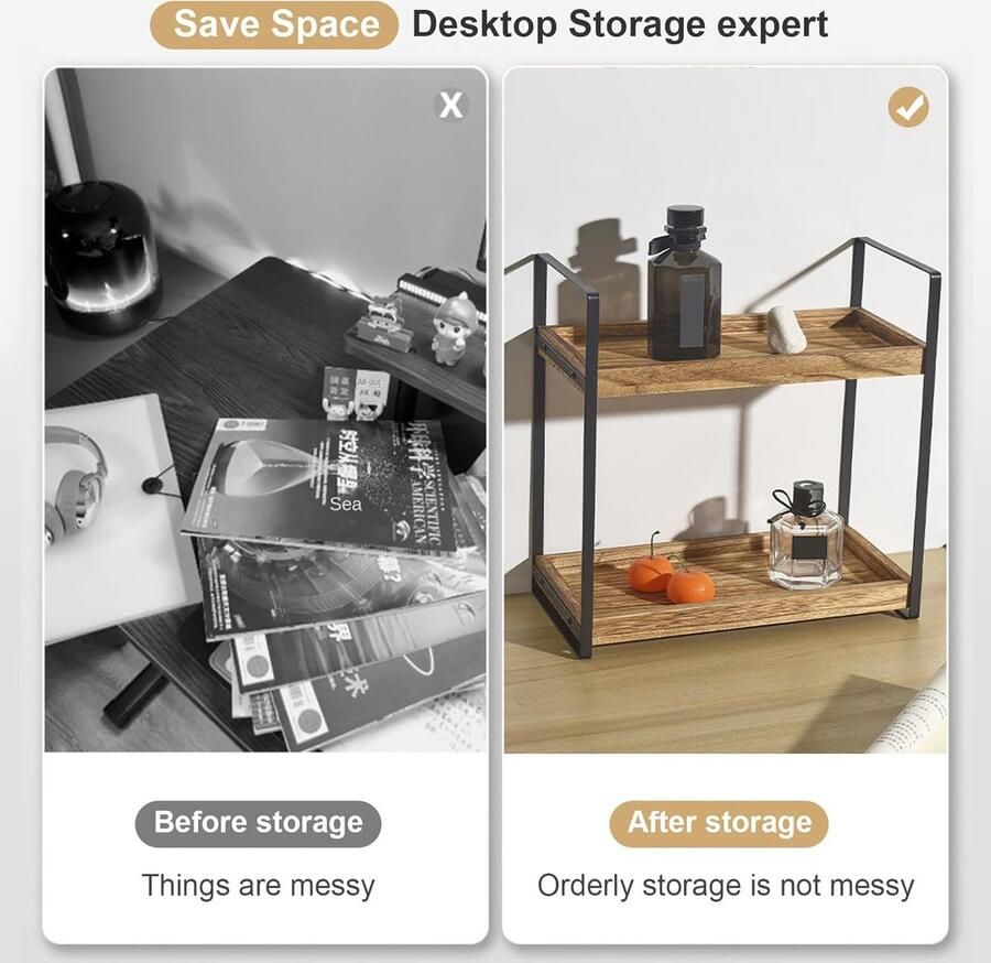 Multifunctioneel houten rek staand rek hout werkblad keukenrek met 2 niveaus badkamerrek zonder boren van hout metalen steun badkamer opbergrek voor cosmetica-organizer (wit)