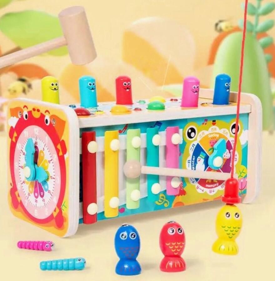 Multifunctioneel Houten Speelgoed montessori 8 in 1 hamerspel magnetische visspel en wormen vangen xylofoon klopbalspel Creatief en educatief speelgoed