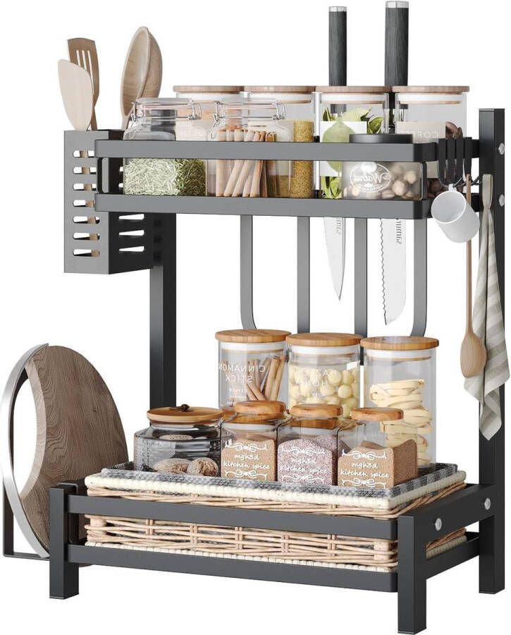 Multifunctioneel Kruidenrek voor Keukenopslag met Eetstokjesmand en Bestekhouder Roestvrijstalen Kruidenrek 2 Etages Snijplankrek en Haken 34x21x41cm Matzwart