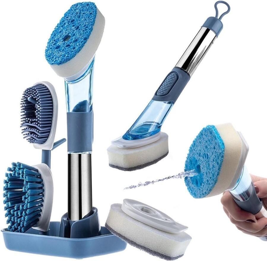 Multifunctionele afwasborstel 4 borstelkoppen afwasmiddeldispenser keukenborstel serviesborstel zeepdispenserborstel blauw Afwasborstel
