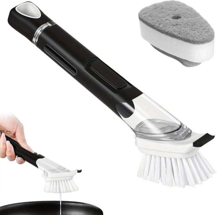 Multifunctionele afwasborstel met afwasmiddeldispenser en verwisselbare sponskoppen 2-in-1 keukenborstel voor potten pannen en spoelbakken Afwasborstel