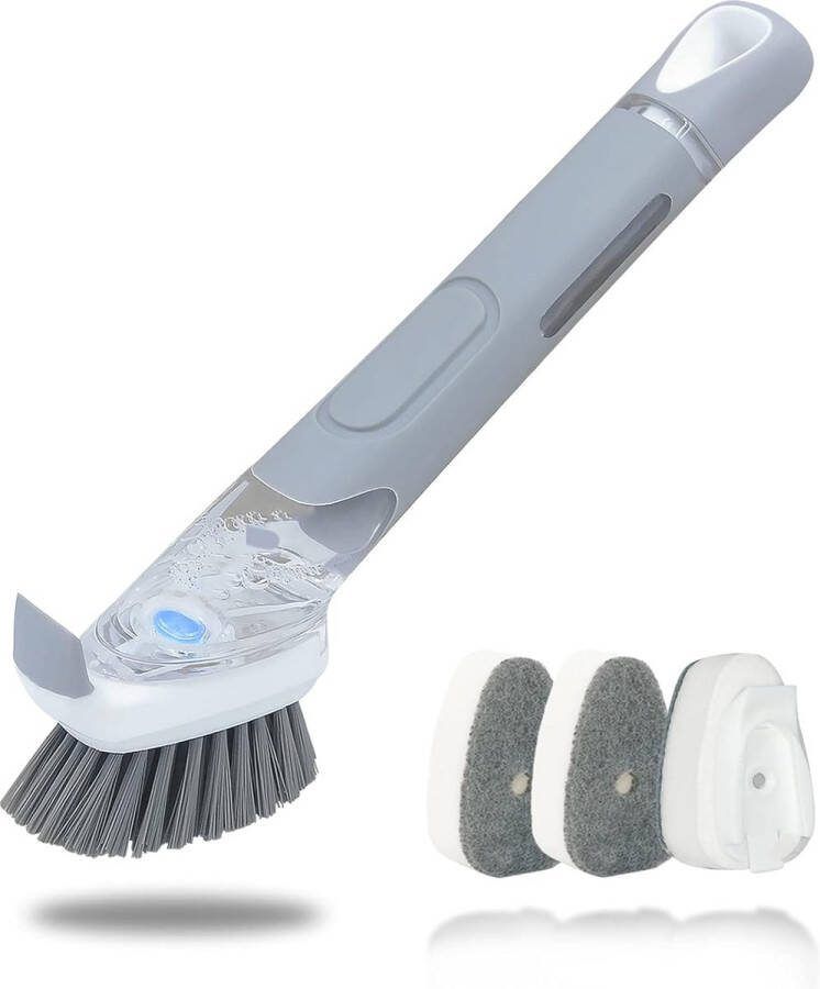 Multifunctionele afwasborstel met afwasmiddeldispenser grijze afwasborstel met 3 verwisselbare sponskoppen reinigingsborstel afwasborstel met zeepdispenser voor pot pan gootsteen