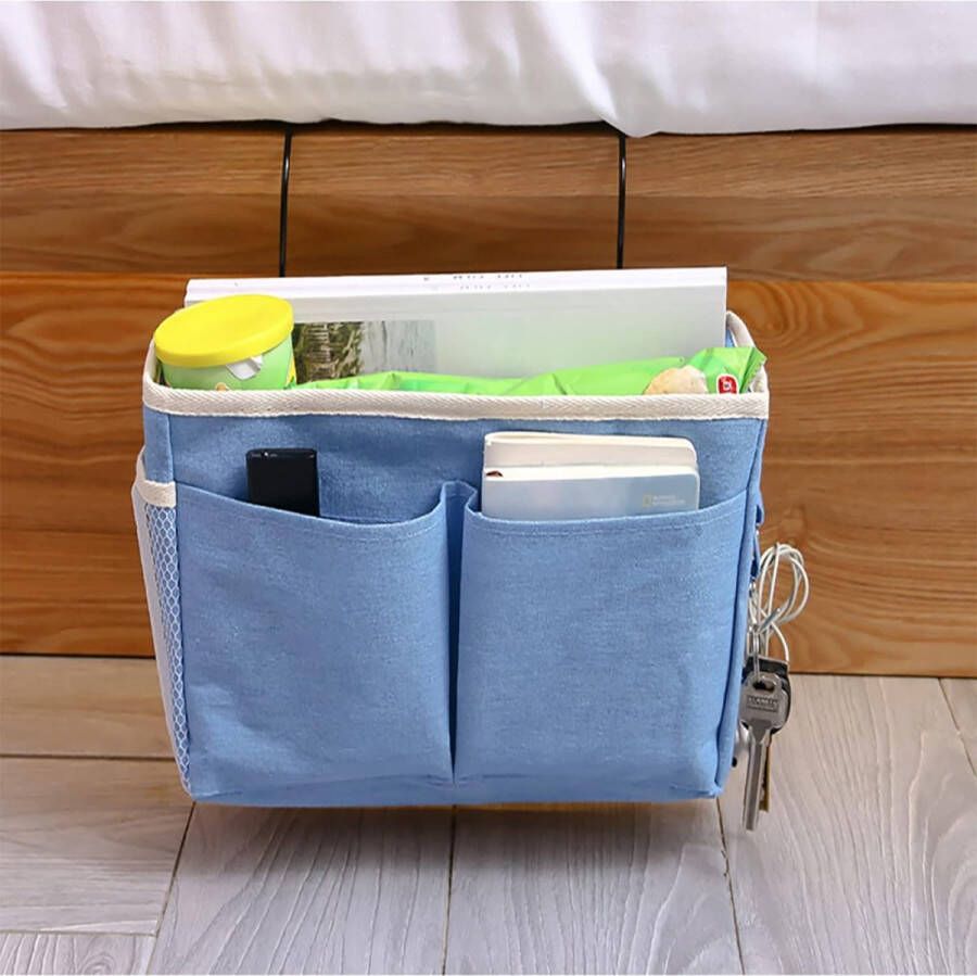 Multifunctionele bedtas 2 stuks opbergtas met darhhaken hangtas hoogslaper opbergtas voor boek magazijn mobiele telefoon hoofdtelefoon bedopslag (blauw grijs)