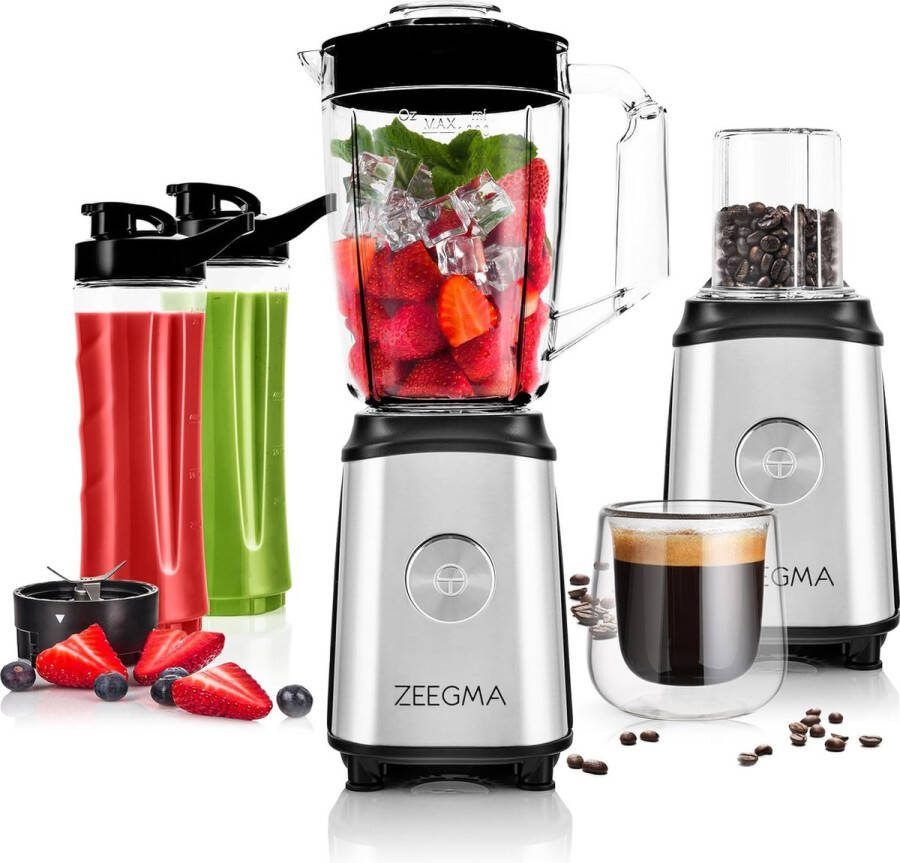Multifunctionele Blender 4in1 Smootie Maker To Go 1 Liter Kan & 2x600ml Drinkfles Koffiemolen 1050W Antislipvoeten