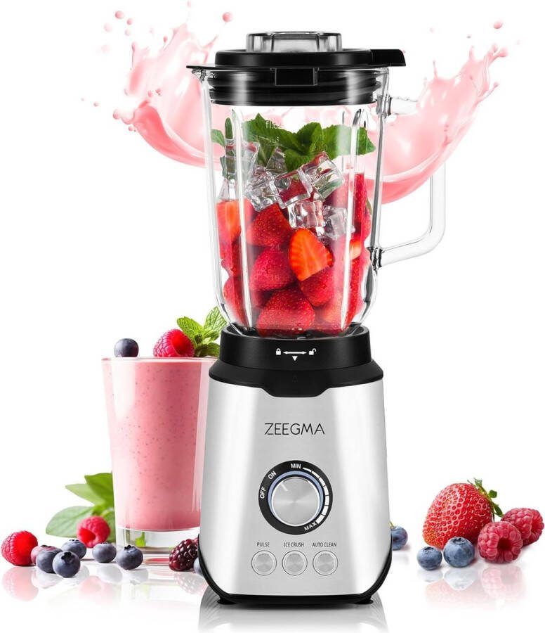 Multifunctionele blender met glazen reservoir van 1.7L 3 Bedrijfsmodi Traploze snelheidsregeling 6 Roestvrijstalen snijmessen AutoClean