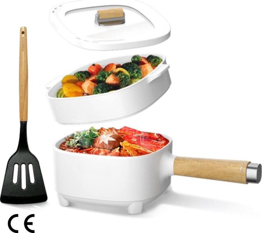 Multifunctionele Elektrische Hot Pot met Stomer: 2 L Capaciteit 20 cm Diameter Non-Stick Coating Draagbaar Multicooker voor Windows Steak Ei Havermout Soep 350 W 800 W Wit