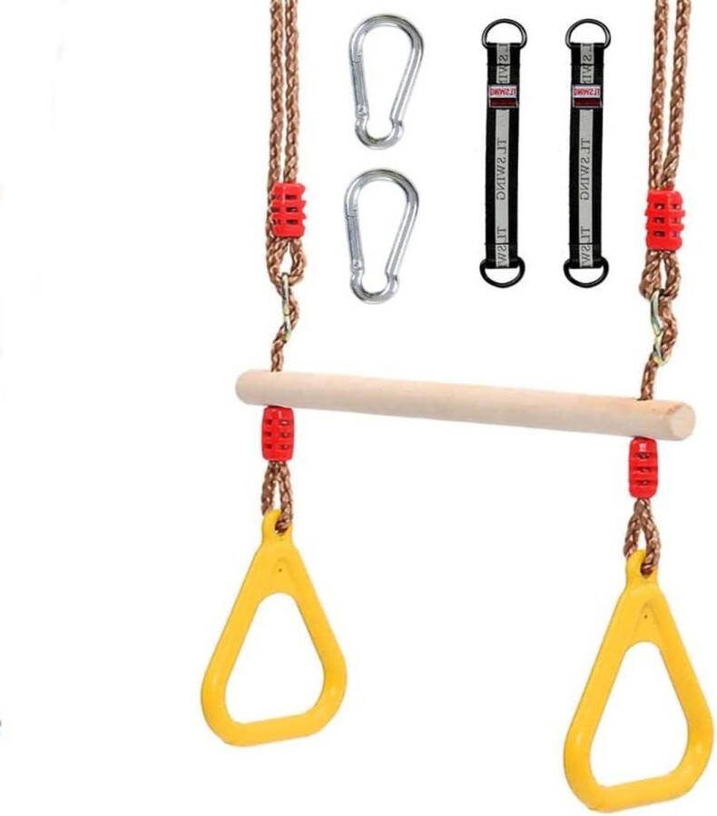Multifunctionele houten trapeziumschommel met kunststof ringen turnringen belastbaar tot 120 kg voor binnen en buiten geel
