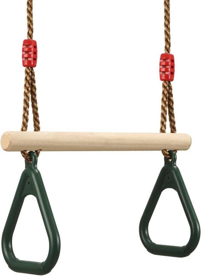 Multifunctionele houten trapeziumschommel met kunststof turnringen belastbaar tot 160 kg groen