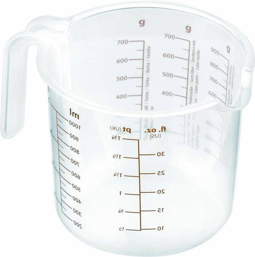 Multifunctionele maatbeker met schenktuit en handvat vloeistoffen en vaste stoffen BPA-vrij vaatwasmachinebestendig kunststof 1 liter