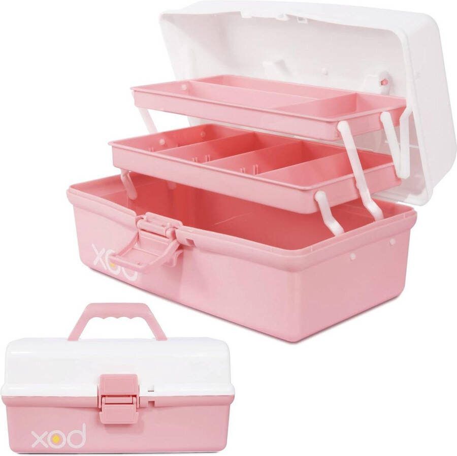 Multifunctionele opbergdoos organizer 305 cm opvouwbaar gereedschapskist kunst & ambachten naaibenodigdheden medicijndoos familie EHBO-doos met 2 trays roze wit